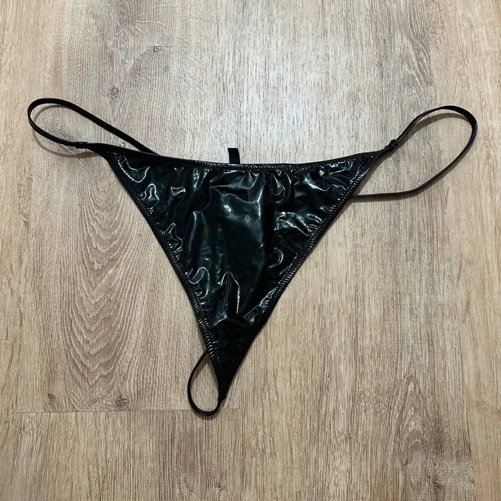 SKIMS | Micro Pleather Swim‎ String Bikini Thong, Patent Onyx, Size 4X